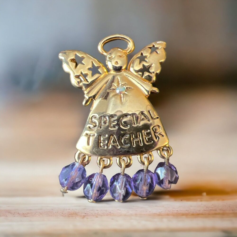 Gold ANGEL with Purple Dangles SPECIAL TEACHER Brooch Pin